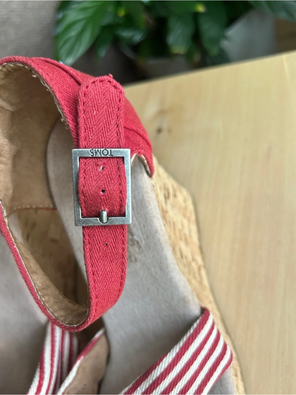 TOMS Red Striped Wedge Sandals with Ankle Strap